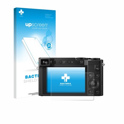 Parte frontale di una confezione del prodotto con il logo del marchio upscreen. Accanto è raffigurato il dispositivo Panasonic