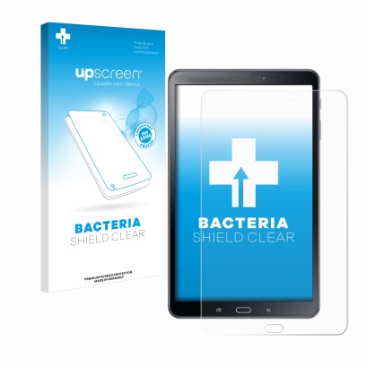 Parte frontal de un envase de producto con el logotipo de la marca upscreen. Al lado se muestra el dispositivo Samsung Galaxy