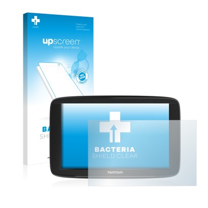 Parte frontal de un envase de producto con el logotipo de la marca upscreen. Al lado se muestra el dispositivo TomTom Start 62