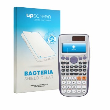 Vorderseite einer Produktverpackung mit dem Markenlogo upscreen. Daneben ist das Gerät Casio FX-991DE Plus mit dem zugehörigen