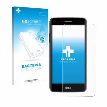 Parte frontal de un envase de producto con el logotipo de la marca upscreen. Al lado se muestra el dispositivo LG K8 2017 con 