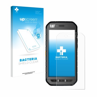 Vorderseite einer Produktverpackung mit dem Markenlogo upscreen. Daneben ist das Gerät Caterpillar Cat S41 mit dem zugehörigen