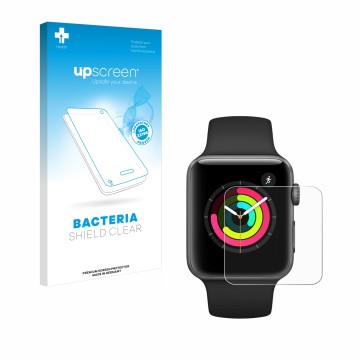 Face avant d’un emballage produit avec le logo de la marque upscreen. À côté, l’appareil Apple Watch Series 3 (42 mm) est repr