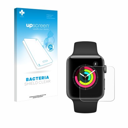 Front side of a product packaging with the brand logo upscreen. Next to it is the device Apple Watch Series 3 (42 mm) shown wi