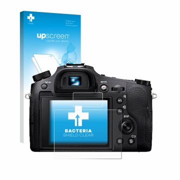 Face avant d’un emballage produit avec le logo de la marque upscreen. À côté, l’appareil Sony Cyber-Shot DSC-RX10 IV est repré