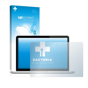 Parte frontal de un envase de producto con el logotipo de la marca upscreen. Al lado se muestra el dispositivo Apple MacBook P