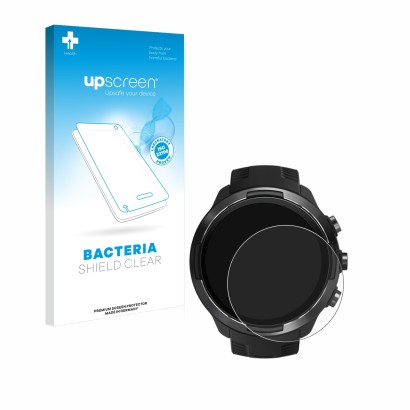 Face avant d’un emballage produit avec le logo de la marque upscreen. À côté, l’appareil Suunto 9 est représenté avec la prote