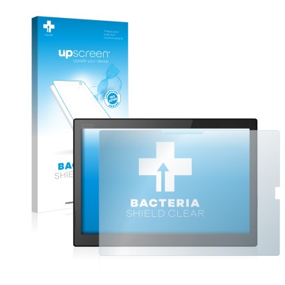 Parte frontal de un envase de producto con el logotipo de la marca upscreen. Al lado se muestra el dispositivo Lenovo ThinkPad