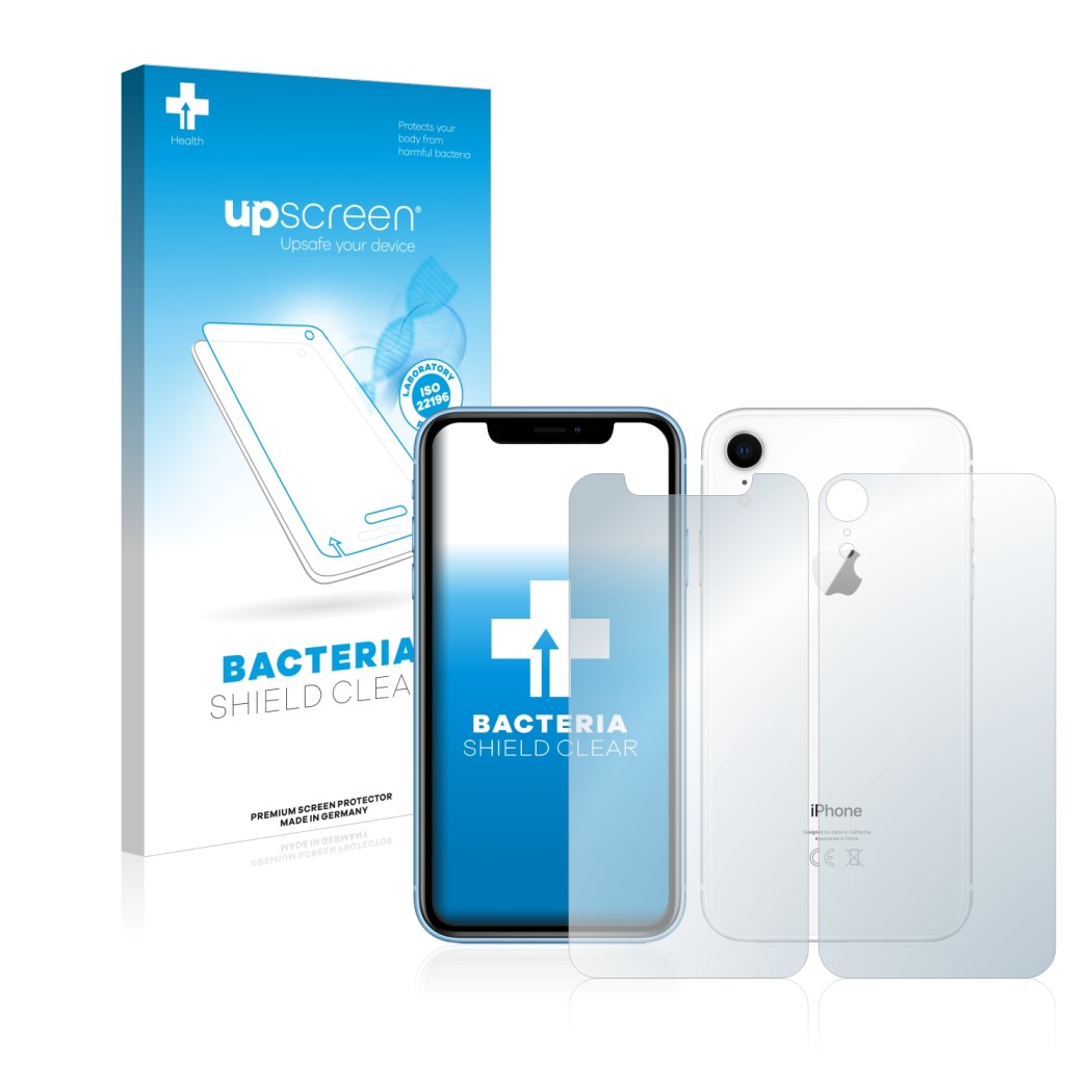 Vorderseite einer Produktverpackung mit dem Markenlogo upscreen. Daneben ist das Gerät Apple iPhone XR (Display+Rückseite) mit