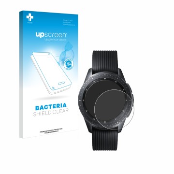 Face avant d’un emballage produit avec le logo de la marque upscreen. À côté, l’appareil Samsung Galaxy Watch (42 mm) est repr
