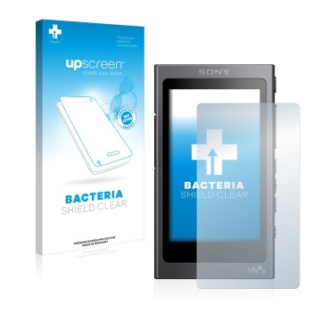 Parte frontal de un envase de producto con el logotipo de la marca upscreen. Al lado se muestra el dispositivo Sony Walkman A4