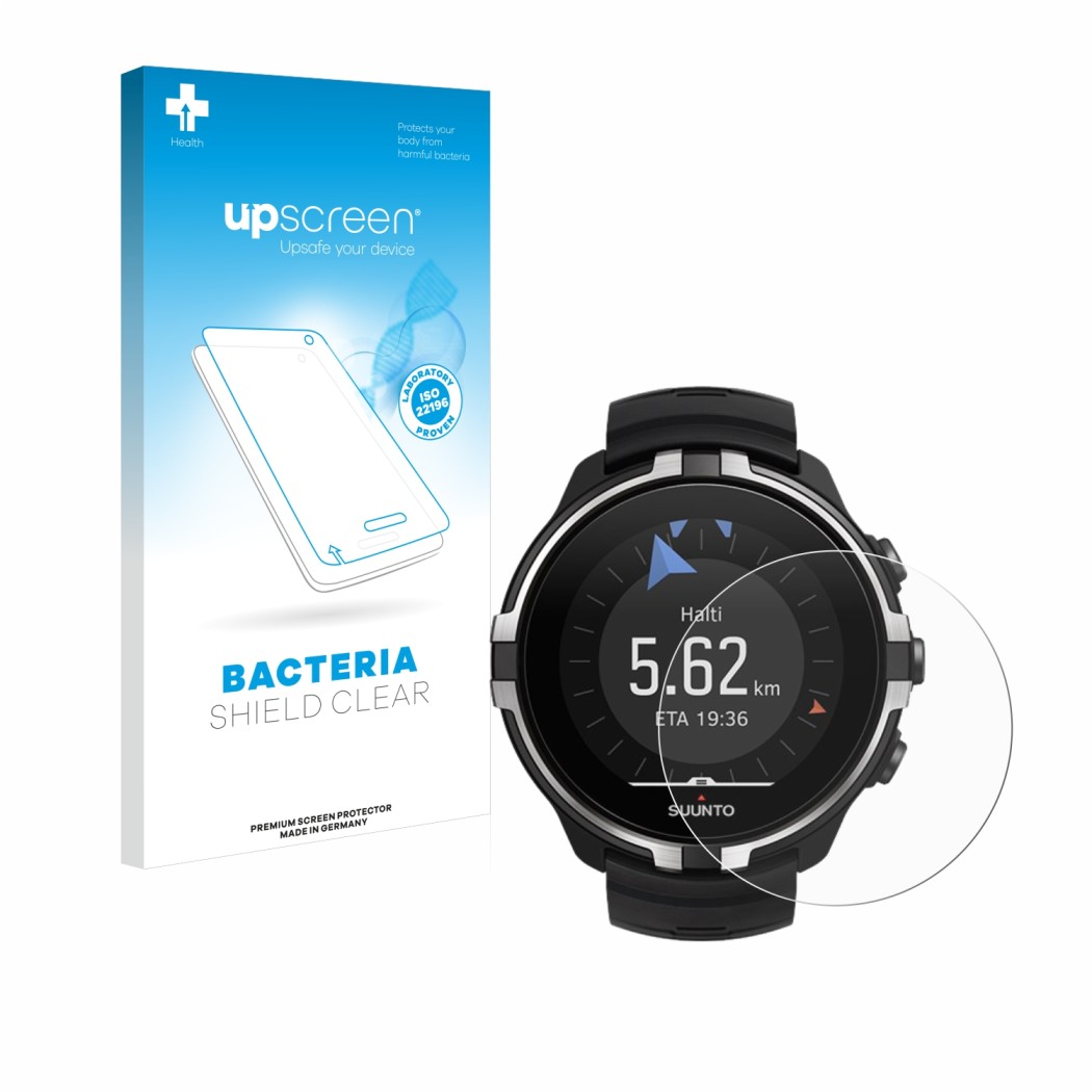 Face avant d’un emballage produit avec le logo de la marque upscreen. À côté, l’appareil Suunto Spartan Sport Wrist HR Baro St