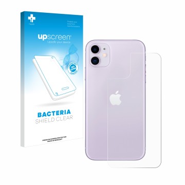 Face avant d’un emballage produit avec le logo de la marque upscreen. À côté, l’appareil Apple iPhone 11 (Arrière) est représe