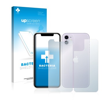 Face avant d’un emballage produit avec le logo de la marque upscreen. À côté, l’appareil Apple iPhone 11 (Avant+Arrière) est r