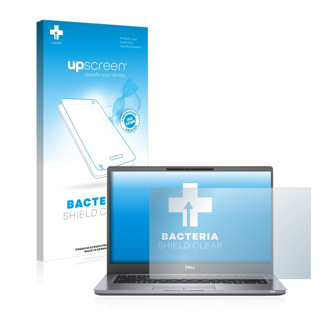 Face avant d’un emballage produit avec le logo de la marque upscreen. À côté, l’appareil Dell Latitude 7300 est représenté ave