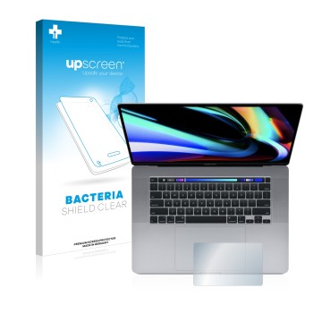 Face avant d’un emballage produit avec le logo de la marque upscreen. À côté, l’appareil Apple MacBook Pro 16
