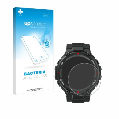 Front side of a product packaging with the brand logo upscreen. Next to it is the device Huami Amazfit T-Rex shown with the co