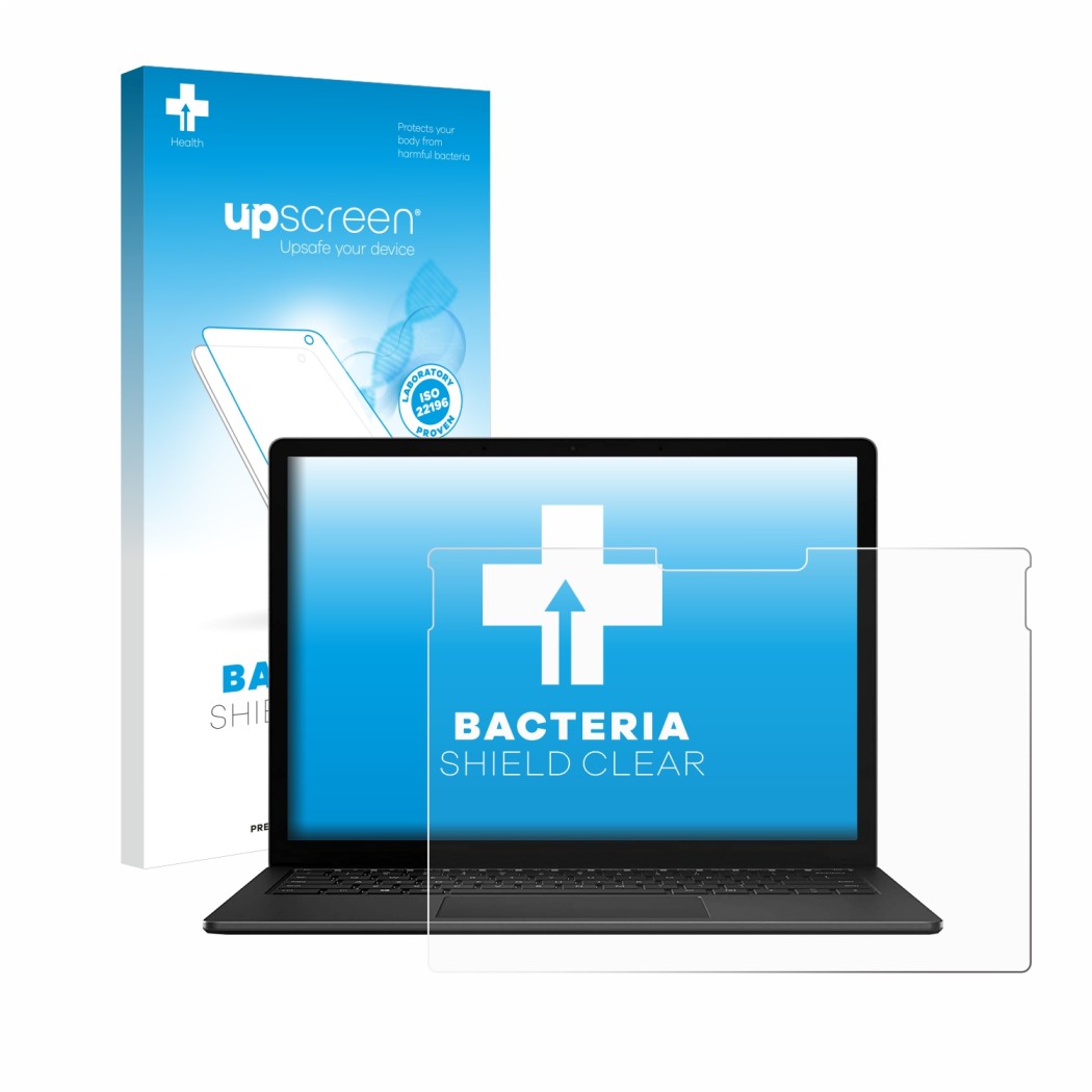 Face avant d’un emballage produit avec le logo de la marque upscreen. À côté, l’appareil Microsoft Surface Book 3 13.5