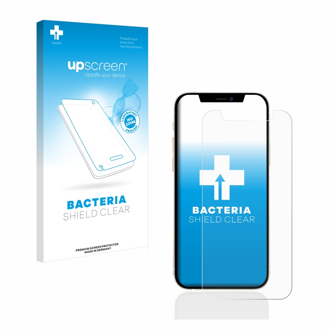 Parte frontale di una confezione del prodotto con il logo del marchio upscreen. Accanto è raffigurato il dispositivo Apple iPh