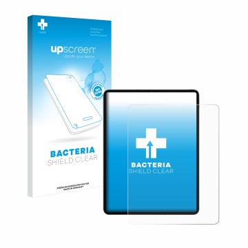 Parte frontal de un envase de producto con el logotipo de la marca upscreen. Al lado se muestra el dispositivo Apple iPad 12.9