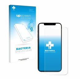 Face avant d’un emballage produit avec le logo de la marque upscreen. À côté, l’appareil Apple iPhone 12 est représenté avec l