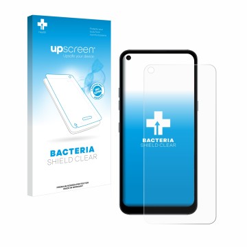 Vorderseite einer Produktverpackung mit dem Markenlogo upscreen. Daneben ist das Gerät LG K61S mit dem zugehörigen Displayschu