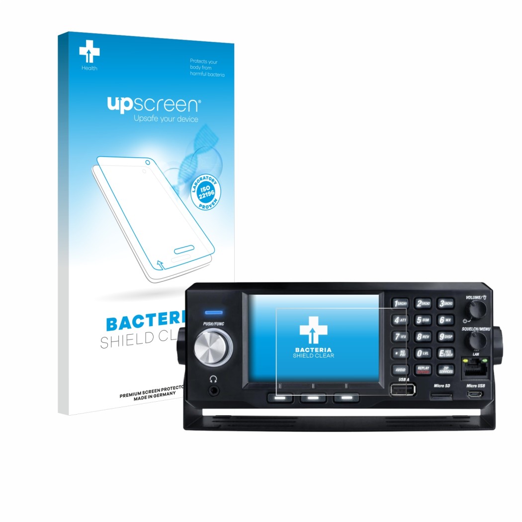 Face avant d’un emballage produit avec le logo de la marque upscreen. À côté, l’appareil Uniden SDS200E est représenté avec la