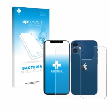 Face avant d’un emballage produit avec le logo de la marque upscreen. À côté, l’appareil Apple iPhone 12 (Avant+Arrière) est r
