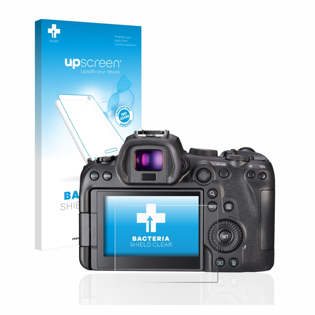 Parte frontal de un envase de producto con el logotipo de la marca upscreen. Al lado se muestra el dispositivo Canon EOS R6 co