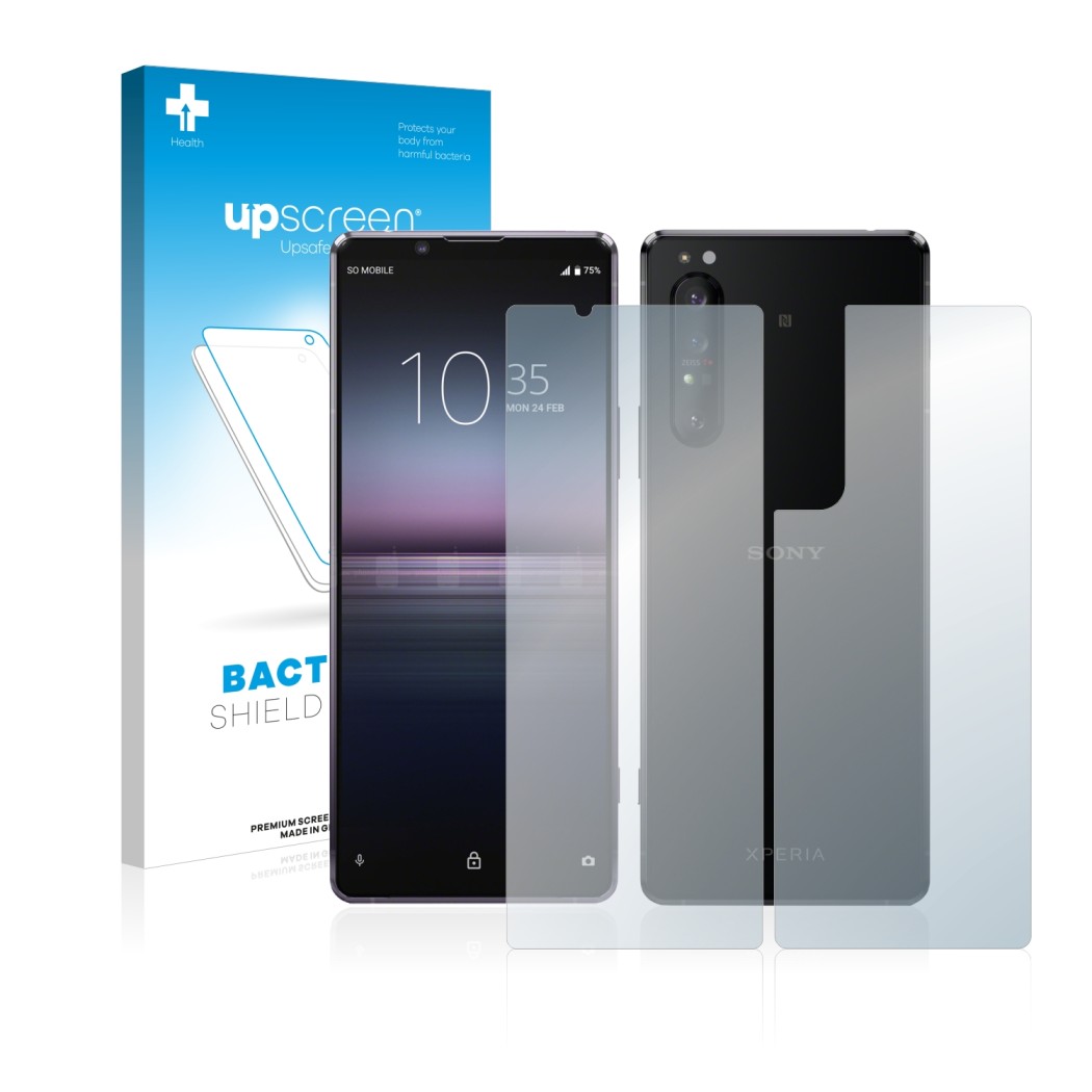 Front side of a product packaging with the brand logo upscreen. Next to it is the device Sony Xperia 1 II (Front+Back) shown w
