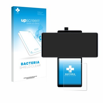 Parte frontal de un envase de producto con el logotipo de la marca upscreen. Al lado se muestra el dispositivo LG Wing (Pantal