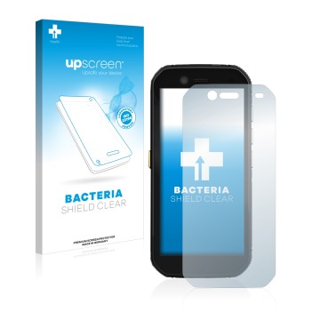 Vorderseite einer Produktverpackung mit dem Markenlogo upscreen. Daneben ist das Gerät Caterpillar Cat S42 mit dem zugehörigen