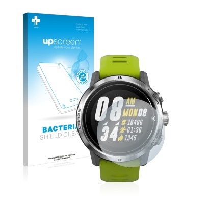 Face avant d’un emballage produit avec le logo de la marque upscreen. À côté, l’appareil Coros Apex Pro est représenté avec la