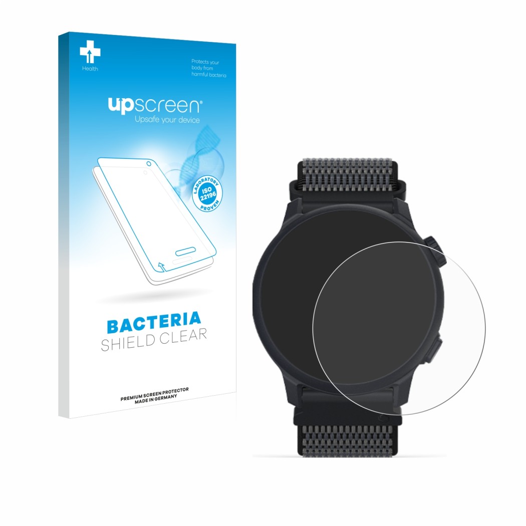 Parte frontale di una confezione del prodotto con il logo del marchio upscreen. Accanto è raffigurato il dispositivo Coros Pac