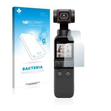 Vorderseite einer Produktverpackung mit dem Markenlogo upscreen. Daneben ist das Gerät DJI Osmo Pocket 2 (Display + Linse) mit