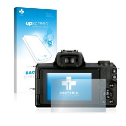 Parte frontal de un envase de producto con el logotipo de la marca upscreen. Al lado se muestra el dispositivo Canon EOS M50 M