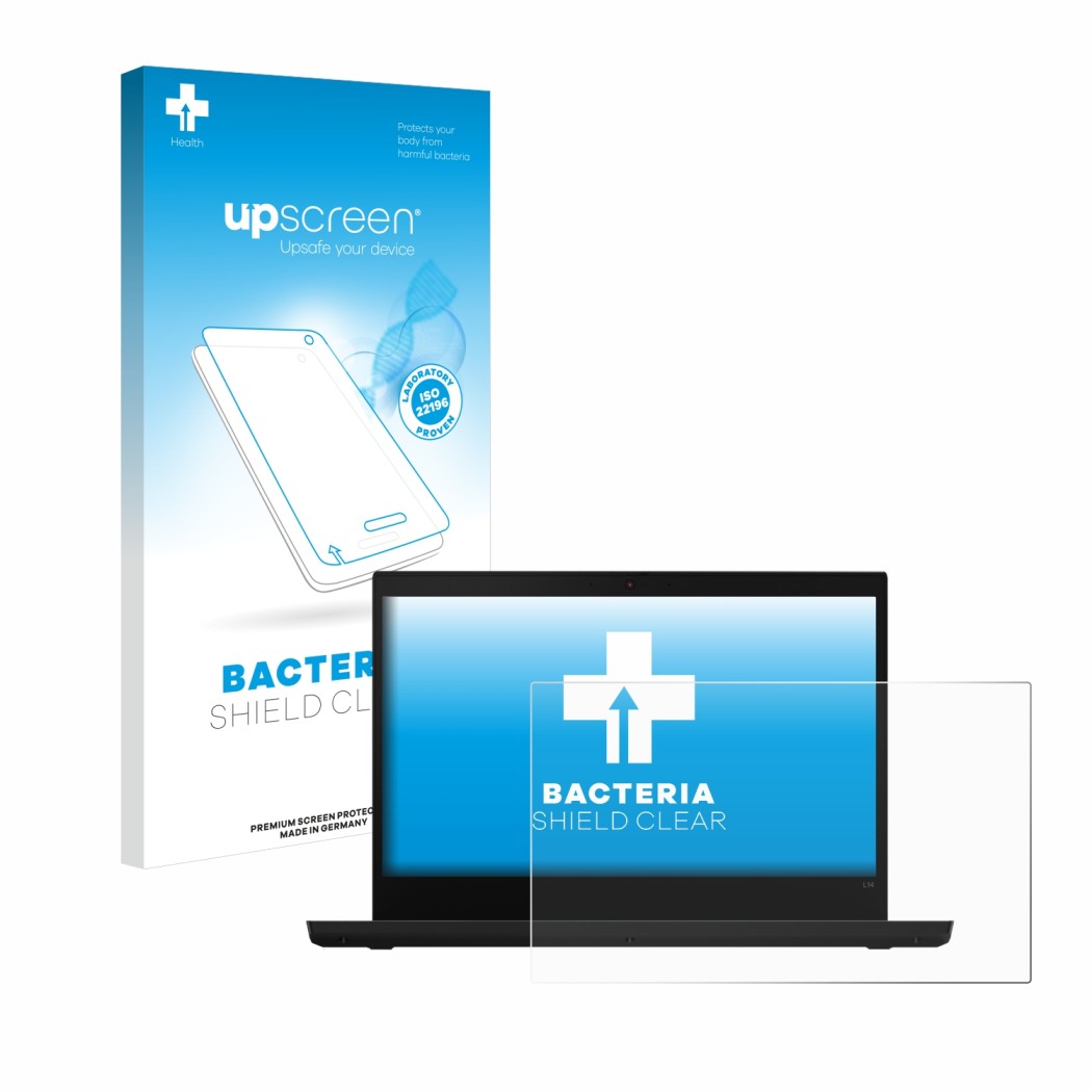 Parte frontale di una confezione del prodotto con il logo del marchio upscreen. Accanto è raffigurato il dispositivo Lenovo Th