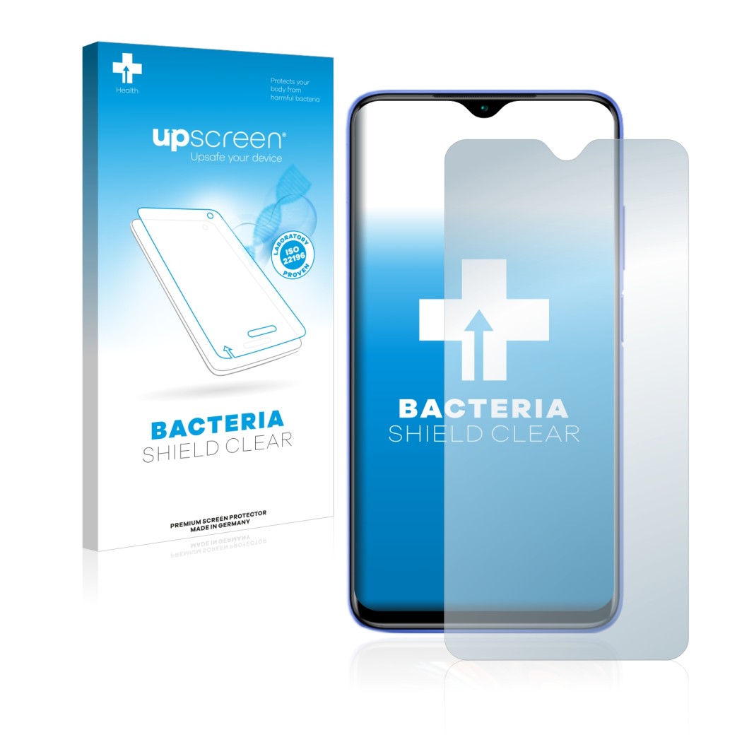 Vorderseite einer Produktverpackung mit dem Markenlogo upscreen. Daneben ist das Gerät Xiaomi Redmi 9T mit dem zugehörigen Dis