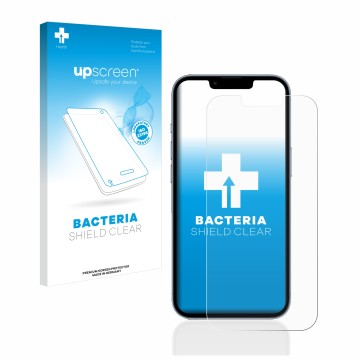 Parte frontal de un envase de producto con el logotipo de la marca upscreen. Al lado se muestra el dispositivo Apple iPhone 13