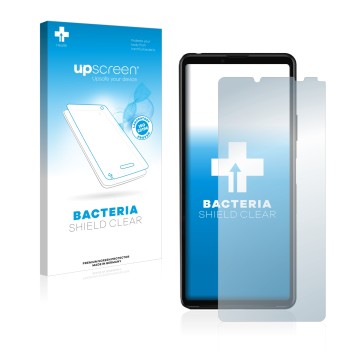 Front side of a product packaging with the brand logo upscreen. Next to it is the device Sony Xperia 10 III shown with the cor