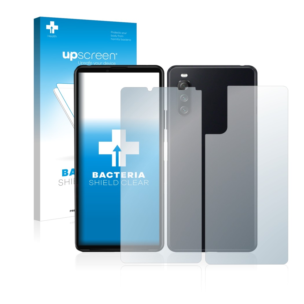 Parte frontale di una confezione del prodotto con il logo del marchio upscreen. Accanto è raffigurato il dispositivo Sony Xper