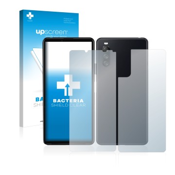 Front side of a product packaging with the brand logo upscreen. Next to it is the device Sony Xperia 10 III (Front+Back) shown