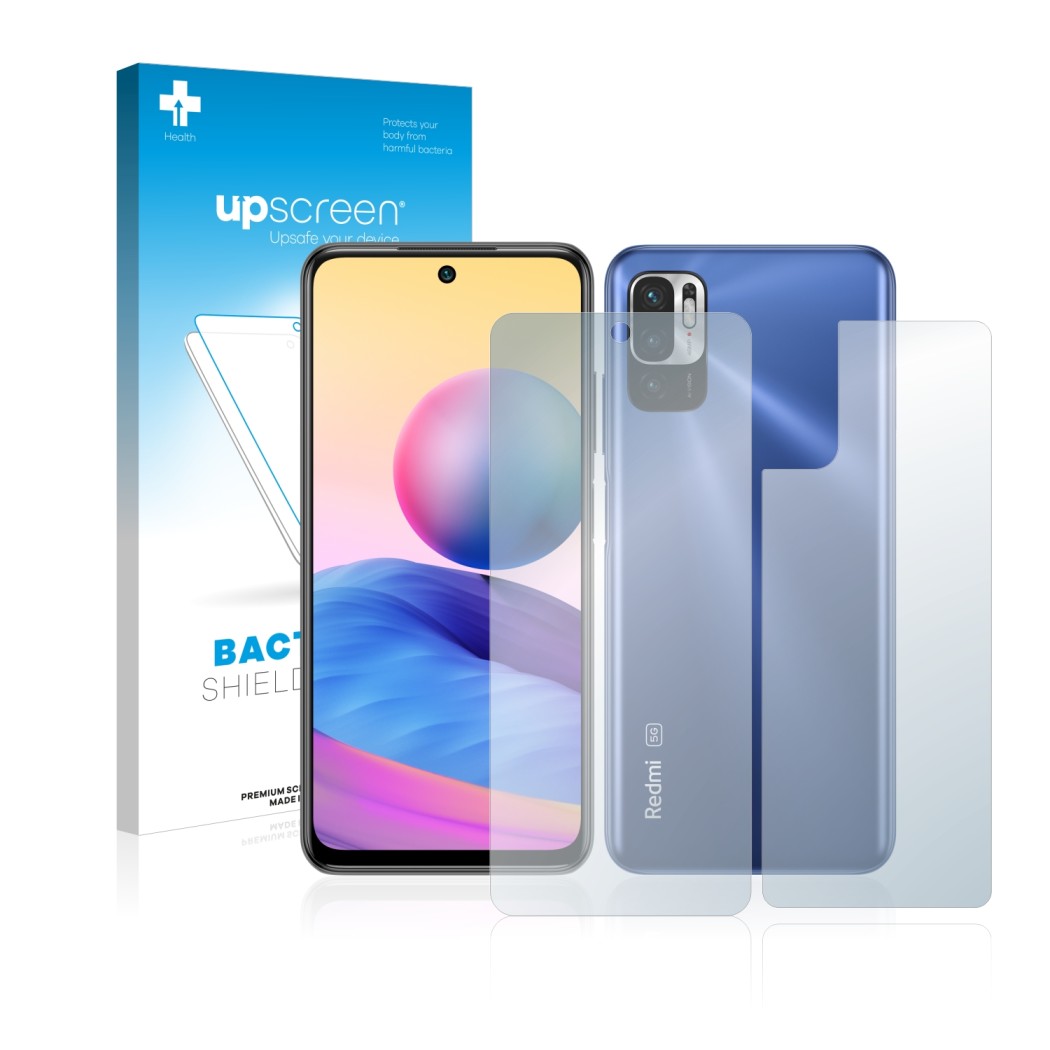 Vorderseite einer Produktverpackung mit dem Markenlogo upscreen. Daneben ist das Gerät Xiaomi Redmi Note 10 5G (Display+Rückse