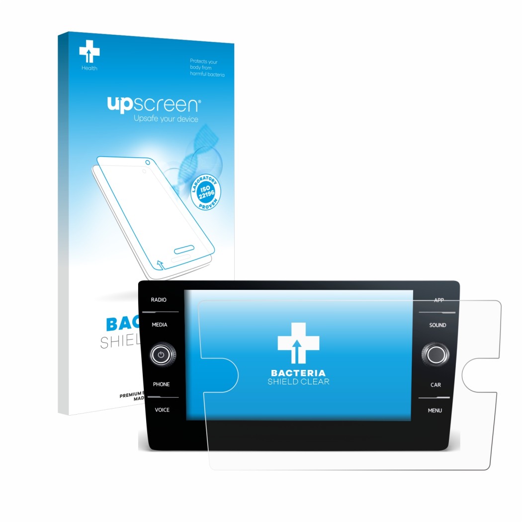 Parte frontale di una confezione del prodotto con il logo del marchio upscreen. Accanto è raffigurato il dispositivo Volkswage