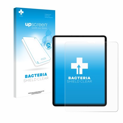 Face avant d’un emballage produit avec le logo de la marque upscreen. À côté, l’appareil Apple iPad Pro 12.9