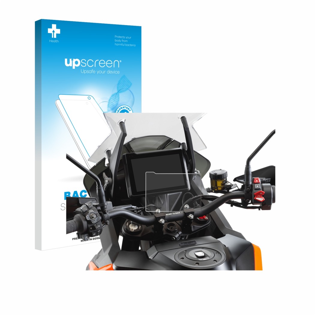 Front side of a product packaging with the brand logo upscreen. Next to it is the device KTM 1290 Super Adventure S 2021 TFT 7