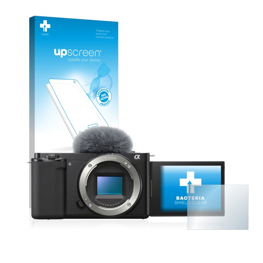 Vorderseite einer Produktverpackung mit dem Markenlogo upscreen. Daneben ist das Gerät Sony Alpha ZV-E10 mit dem zugehörigen D