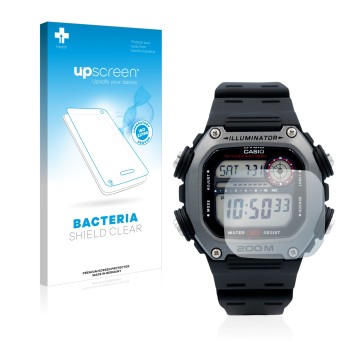 Parte frontale di una confezione del prodotto con il logo del marchio upscreen. Accanto è raffigurato il dispositivo Casio DW-