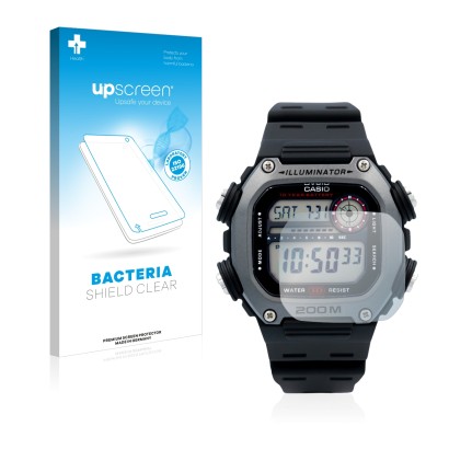 Parte frontale di una confezione del prodotto con il logo del marchio upscreen. Accanto è raffigurato il dispositivo Casio DW-