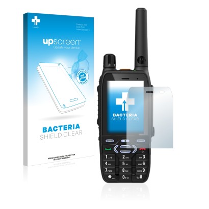 Parte frontal de un envase de producto con el logotipo de la marca upscreen. Al lado se muestra el dispositivo Motorola MXP600